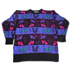 Vintage 90s High‎ Heel Shoe Graphic Sweater Purple Black Made USA Small